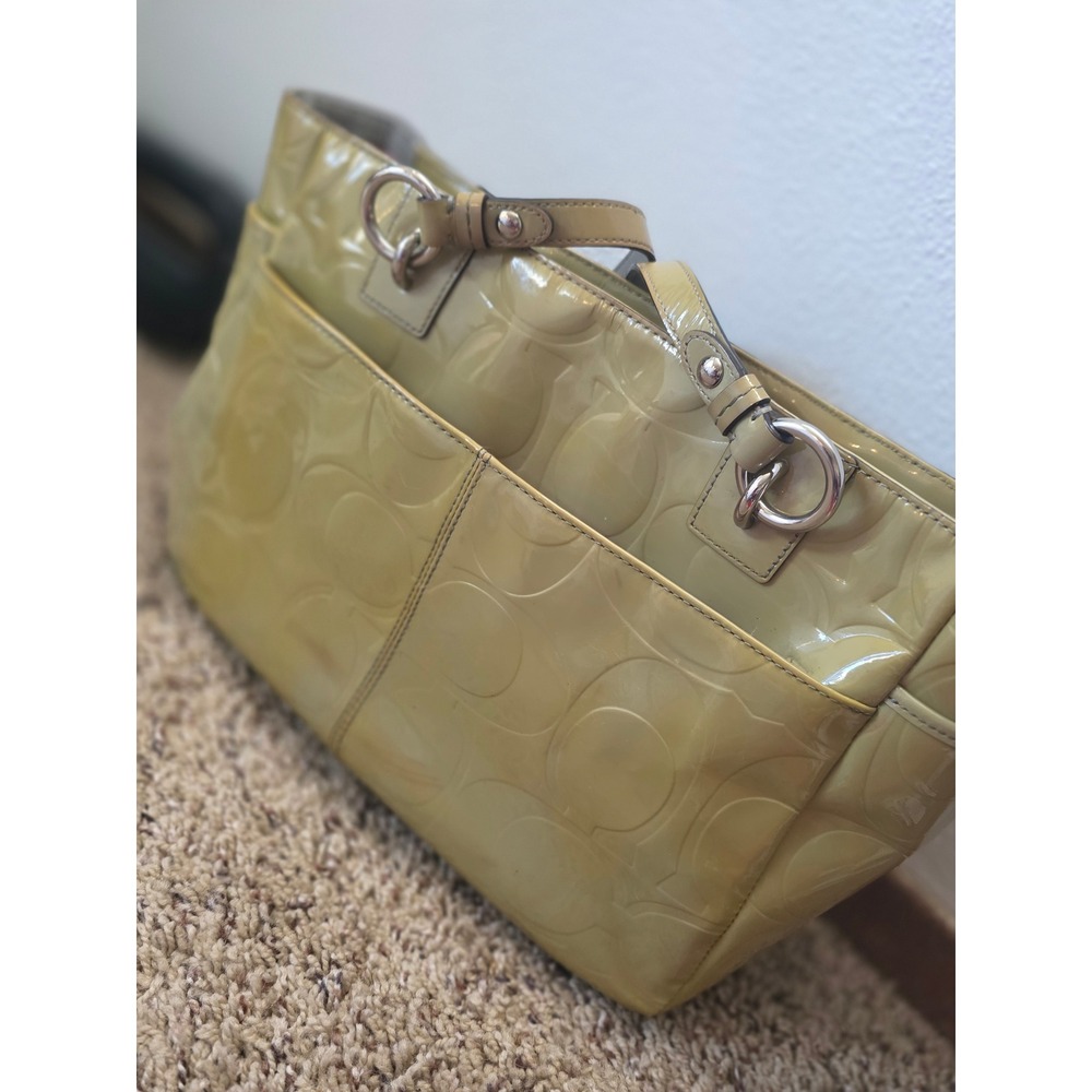 Coach || Signature Embossed Patent Leather Tote Olive Green F17728 - Picture 4 of 6